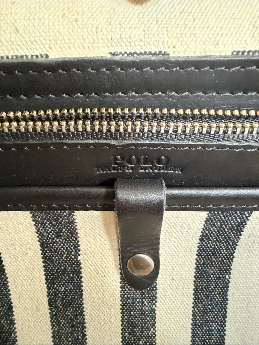 Polo by Ralph Lauren Black & White Striped Canvas Tote with Leather Trim - Picture 4 of 5